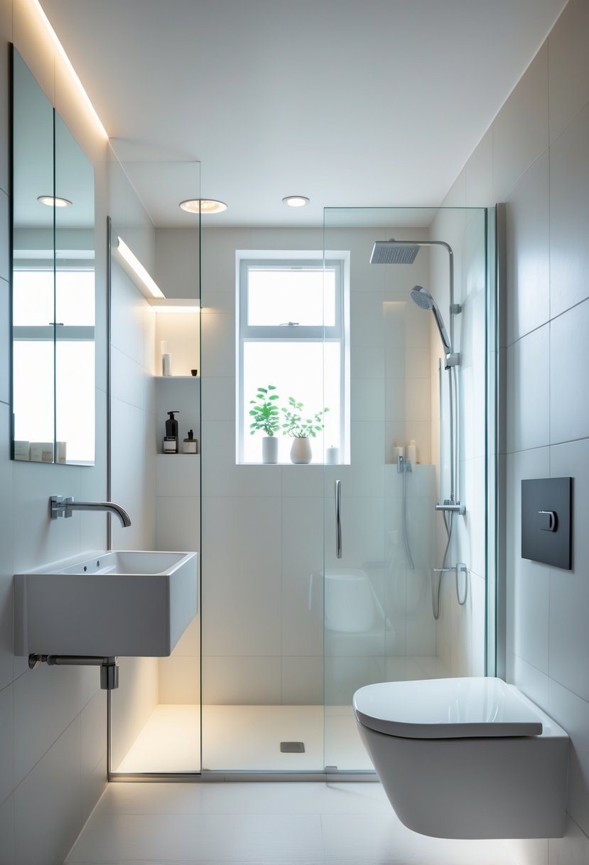 Small bathroom with a wall-mounted sink and a compact shower area with clear glass doors.