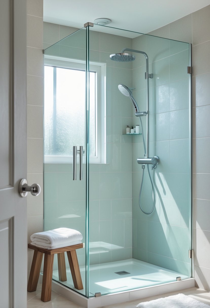 Small bathroom with a clear glass shower enclosure, light tiles, and natural light coming through a window.
