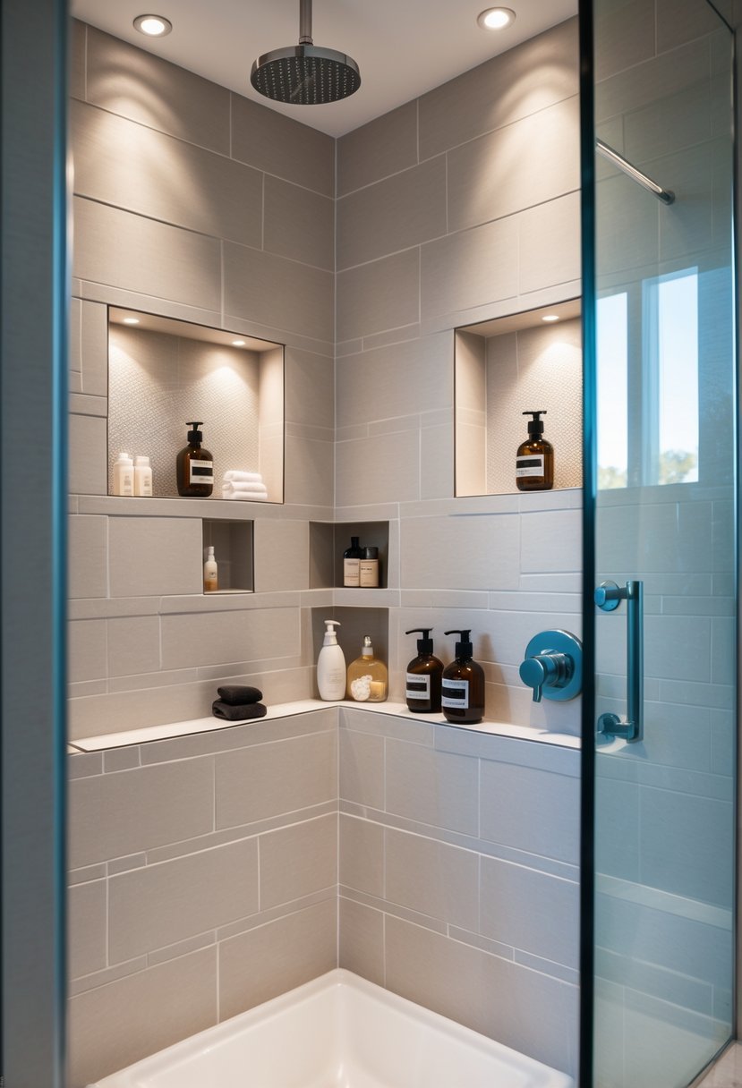 A small bathroom shower with recessed shelves built into the walls holding bath products.