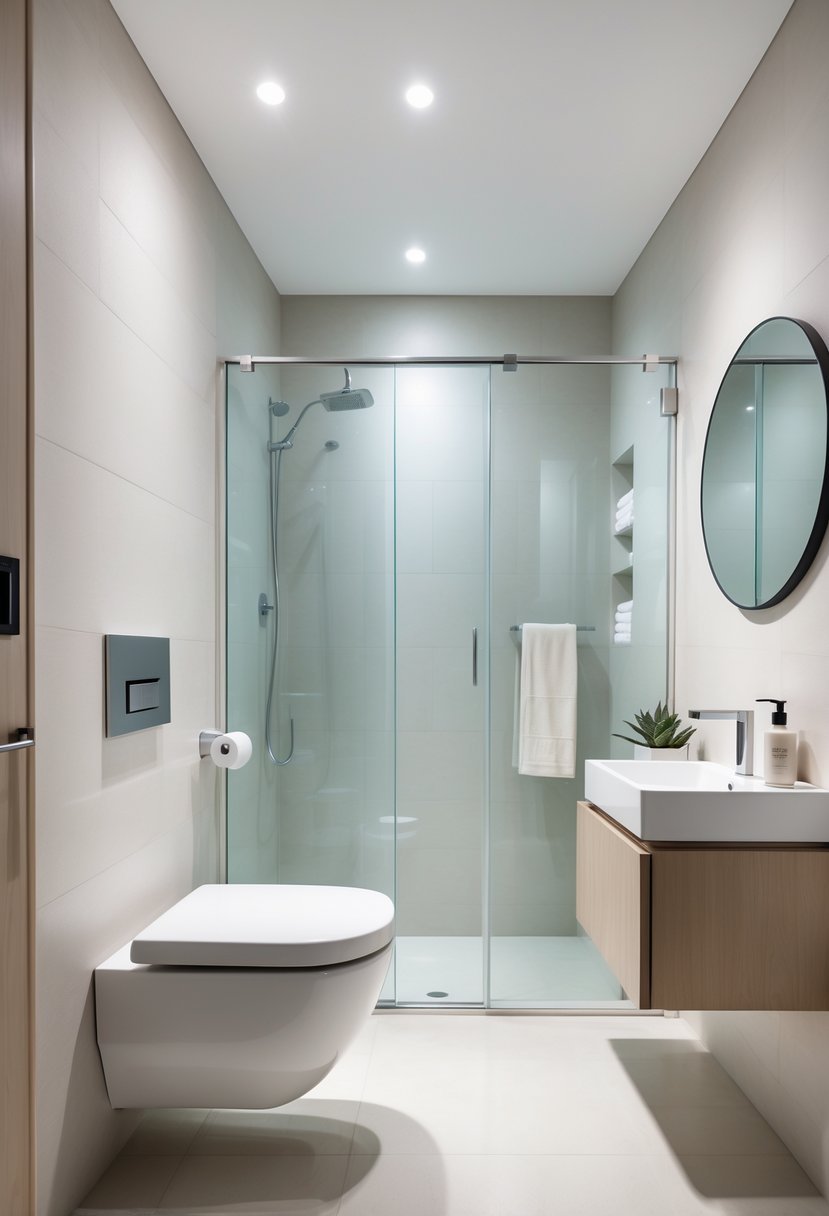 A small bathroom with a slim wall-mounted toilet next to a glass shower enclosure, a floating vanity with a round mirror, and light-colored tiles.