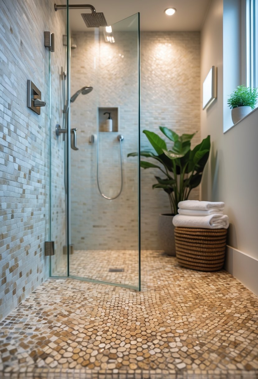 Small bathroom shower area with textured mosaic tile floor and glass doors.