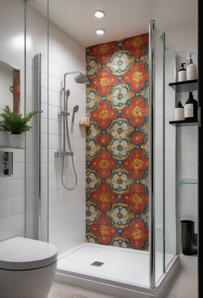 Small bathroom with a modern shower featuring bold patterned wallpaper and clear glass doors.