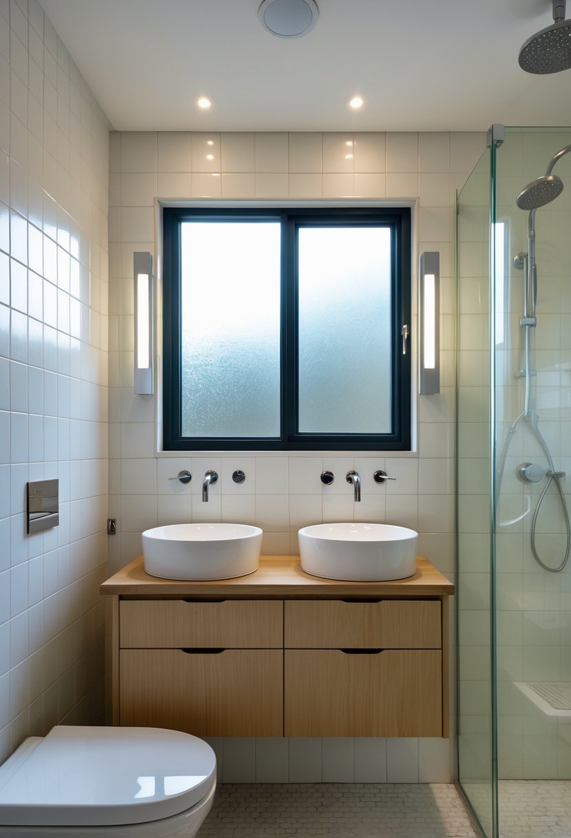Small bathroom with a compact double vanity, two sinks, mirrors, and a walk-in shower with glass panels.
