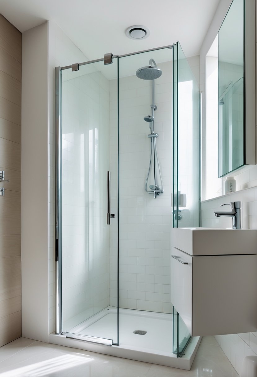 Small bathroom with a hinged glass shower door open, showing a compact and efficient layout.