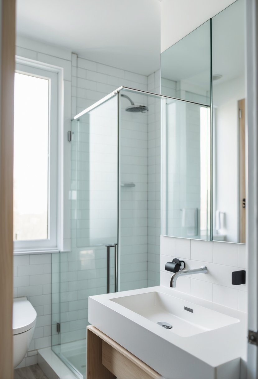 Small bathroom with a clear glass shower and an undermount sink with a clean countertop.