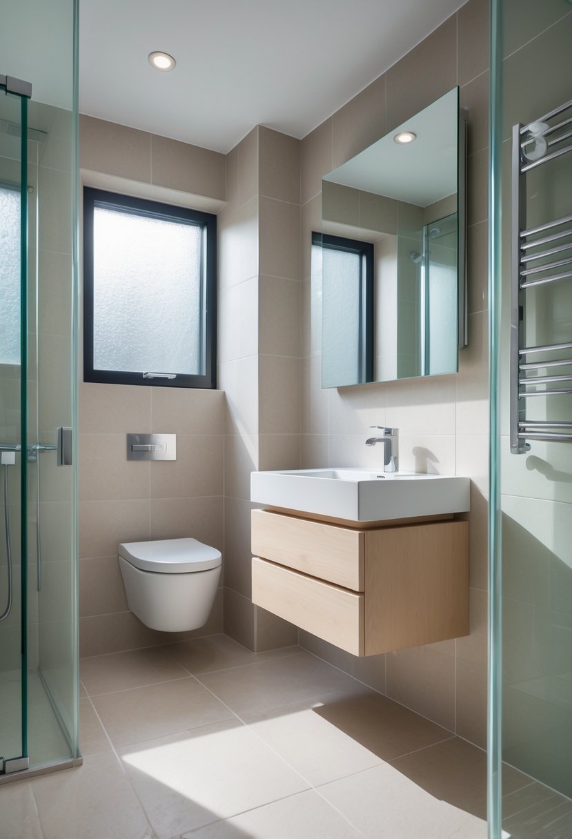 Small bathroom with a floating vanity and visible floor area, featuring a compact shower and natural lighting.