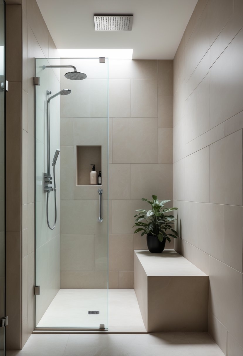 A small bathroom with a walk-in shower that has built-in bench seating and clear glass panels.