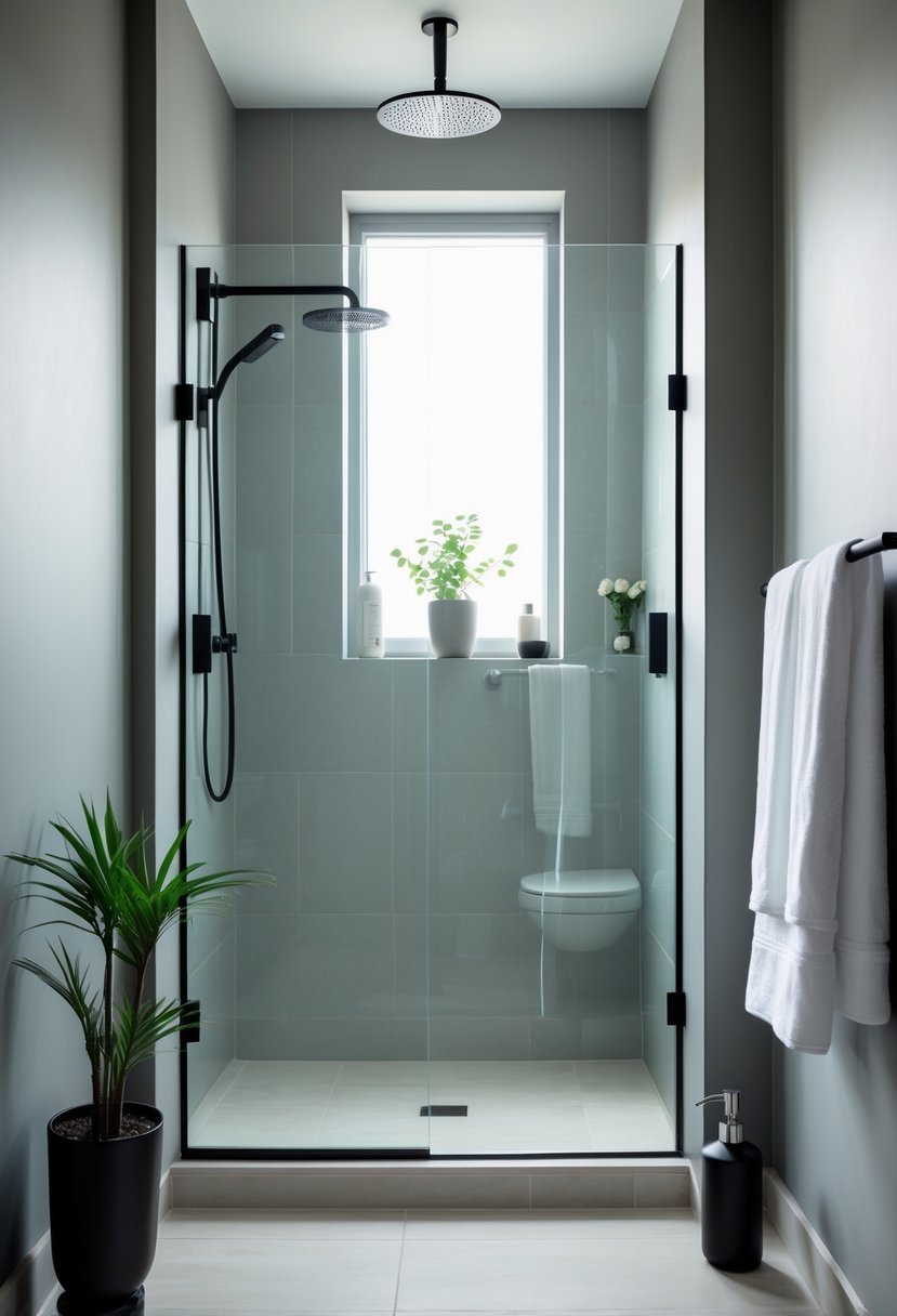Small bathroom with a shower area featuring neutral gray walls, glass doors, and minimalist fixtures.