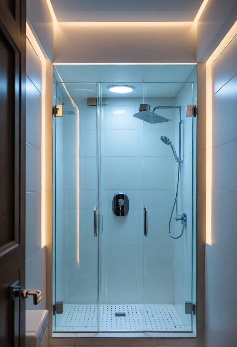 A small bathroom with a shower area illuminated by moisture-resistant lighting installed above it.