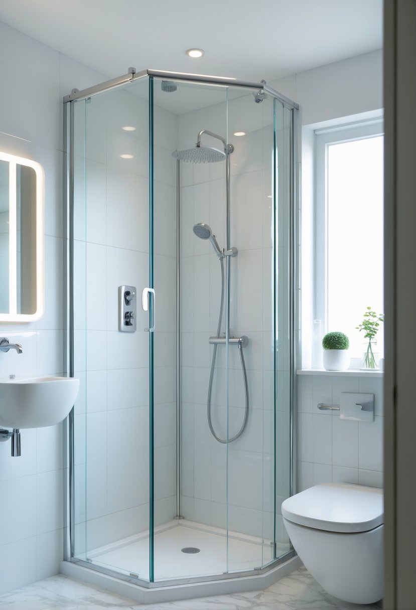A small bathroom with a compact corner shower unit featuring clear glass walls and a rain showerhead, alongside a wall-mounted sink and minimal decor.