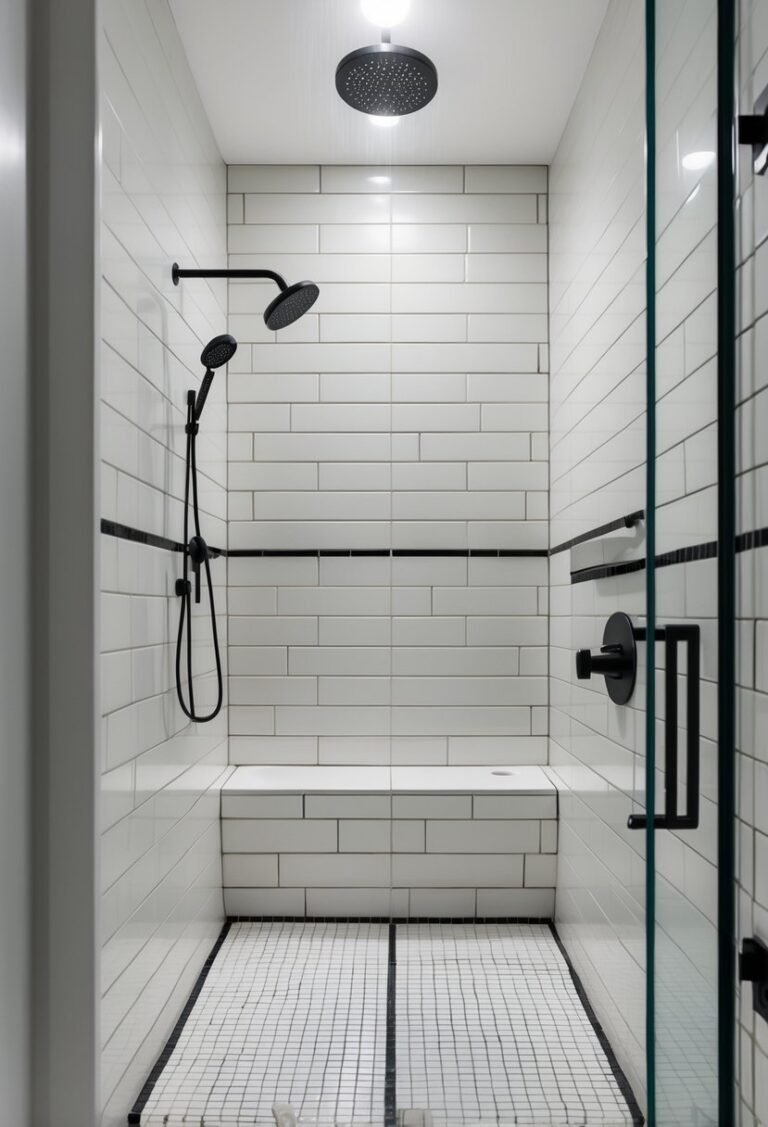 Small bathroom shower with light tiles and dark grout, glass door, and modern fixtures.