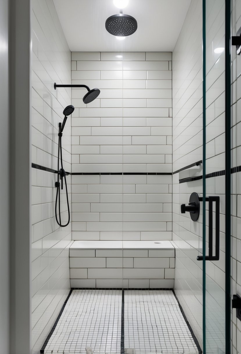 Small bathroom shower with light tiles and dark grout, glass door, and modern fixtures.