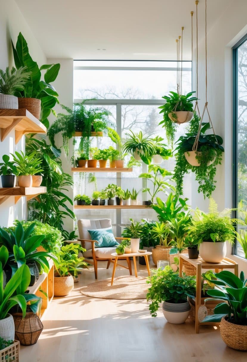 A bright plant room filled with various green plants on shelves and in pots near large windows with natural light.