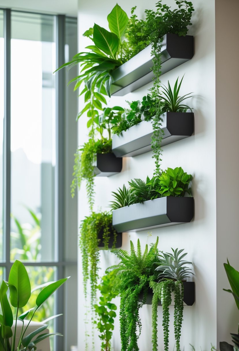 Indoor vertical garden with wall-mounted planters filled with various green plants on a bright wall in a modern room.