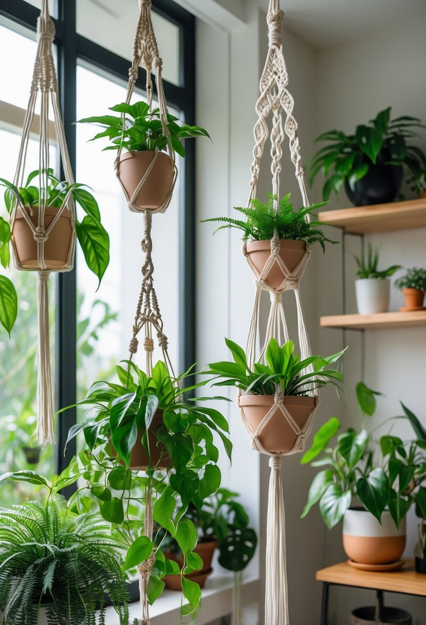 Indoor room with various hanging plants in macrame hangers near windows and shelves with additional plants.