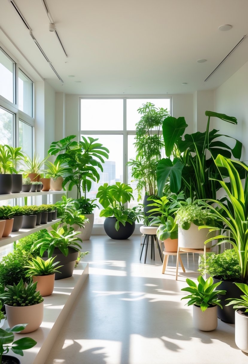 Indoor room filled with various sizes of green plants arranged to create depth and interest.