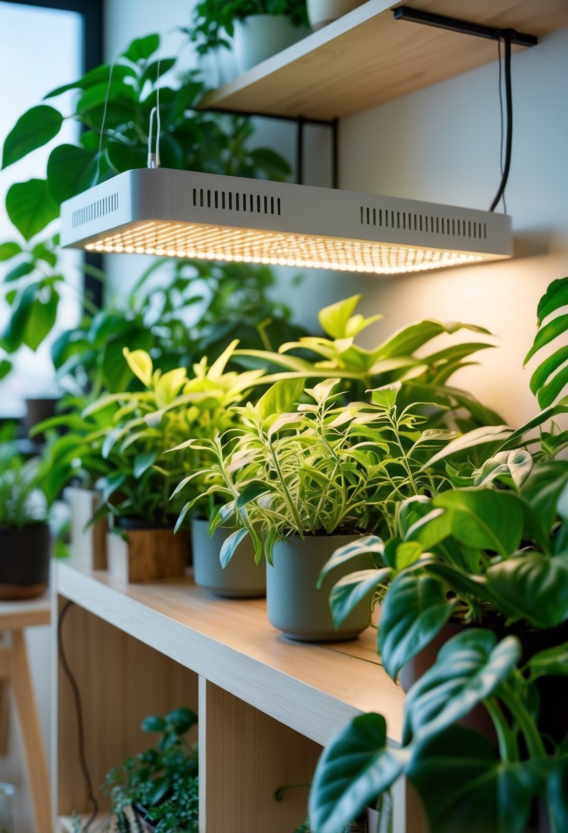 Indoor plant room with various low-light plants growing under a dedicated grow light.