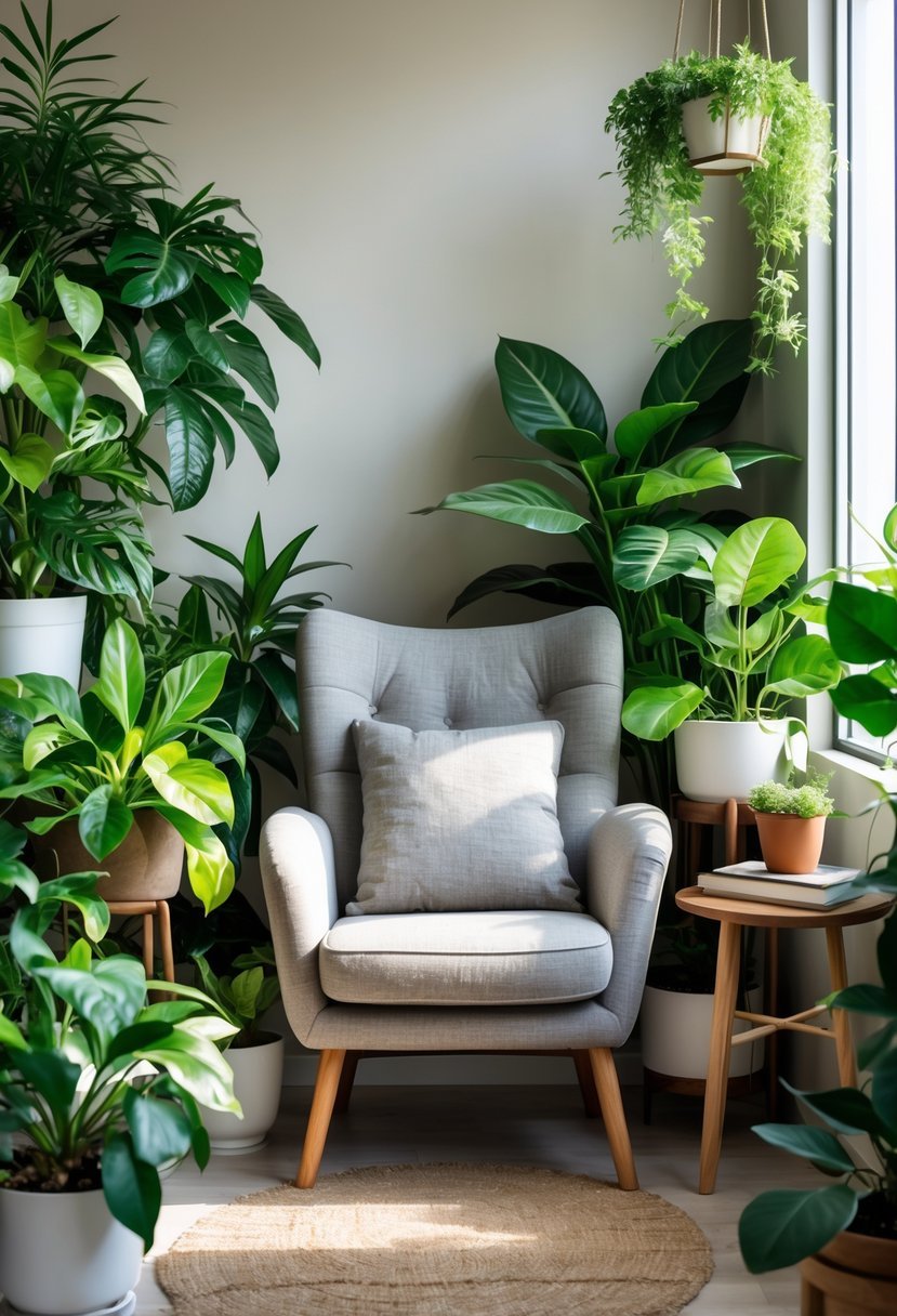 A corner nook with a comfortable chair surrounded by various green houseplants and a small wooden side table.