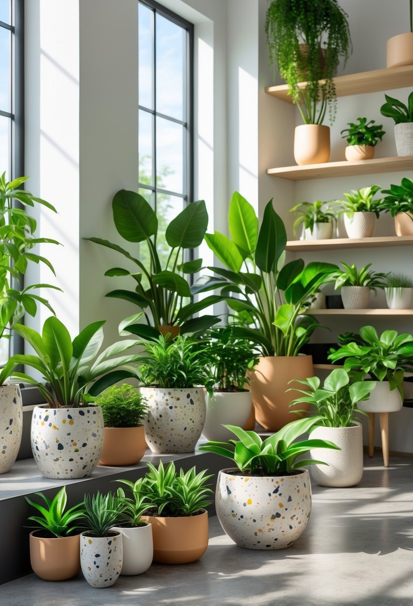 Indoor room with various green plants in terrazzo and ceramic pots arranged on shelves and floor near large windows.