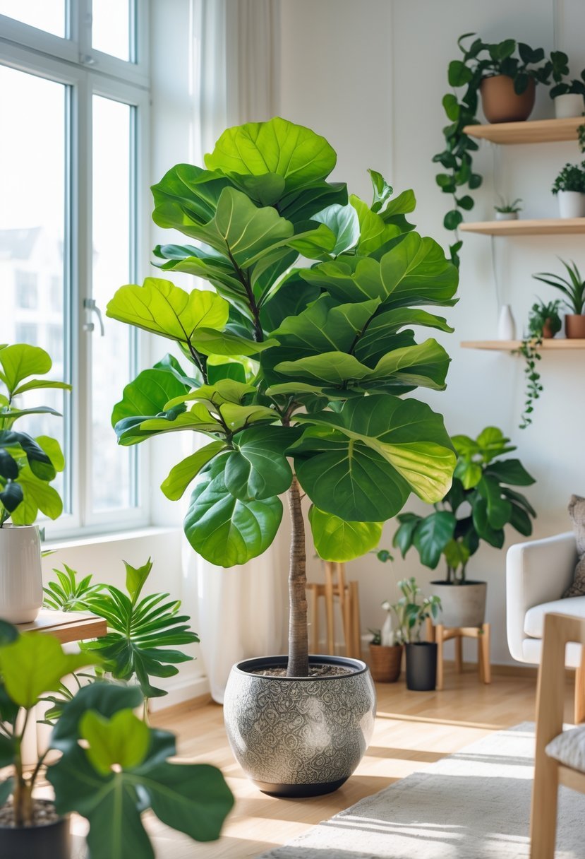 Indoor room with a large fiddle leaf fig plant surrounded by smaller plants and modern furniture.