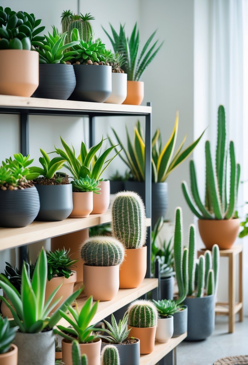 Indoor room with various succulents and cacti arranged on shelves and tables in pots.