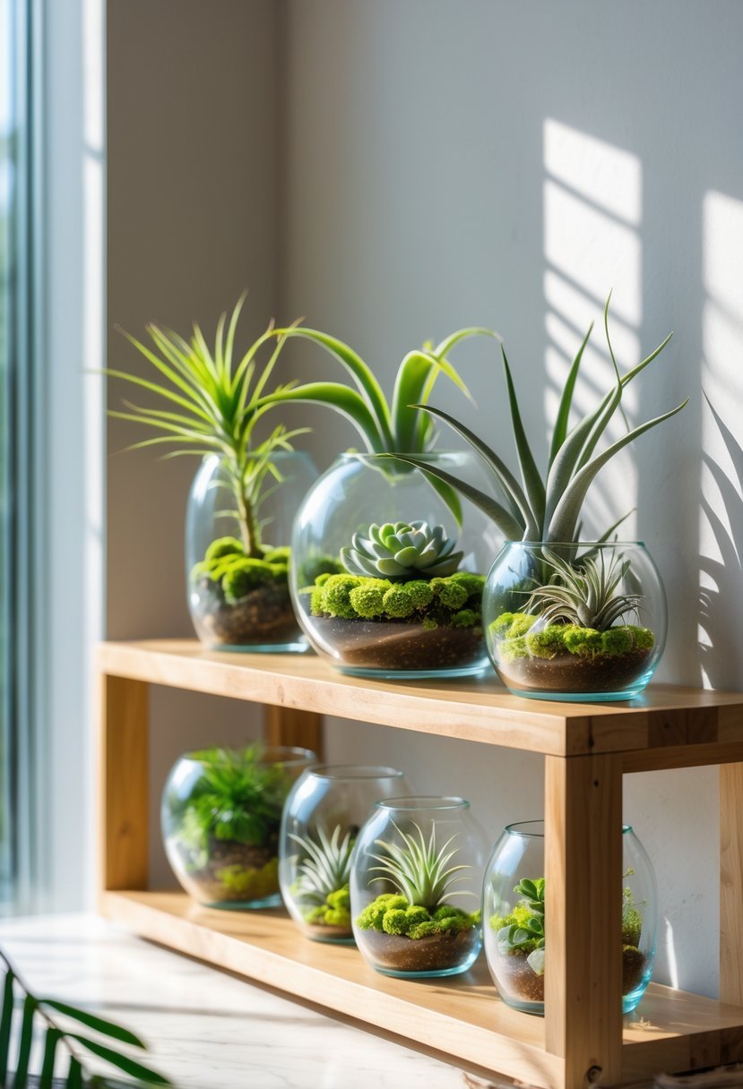 A wooden shelf holding several glass containers filled with various green plants arranged indoors.