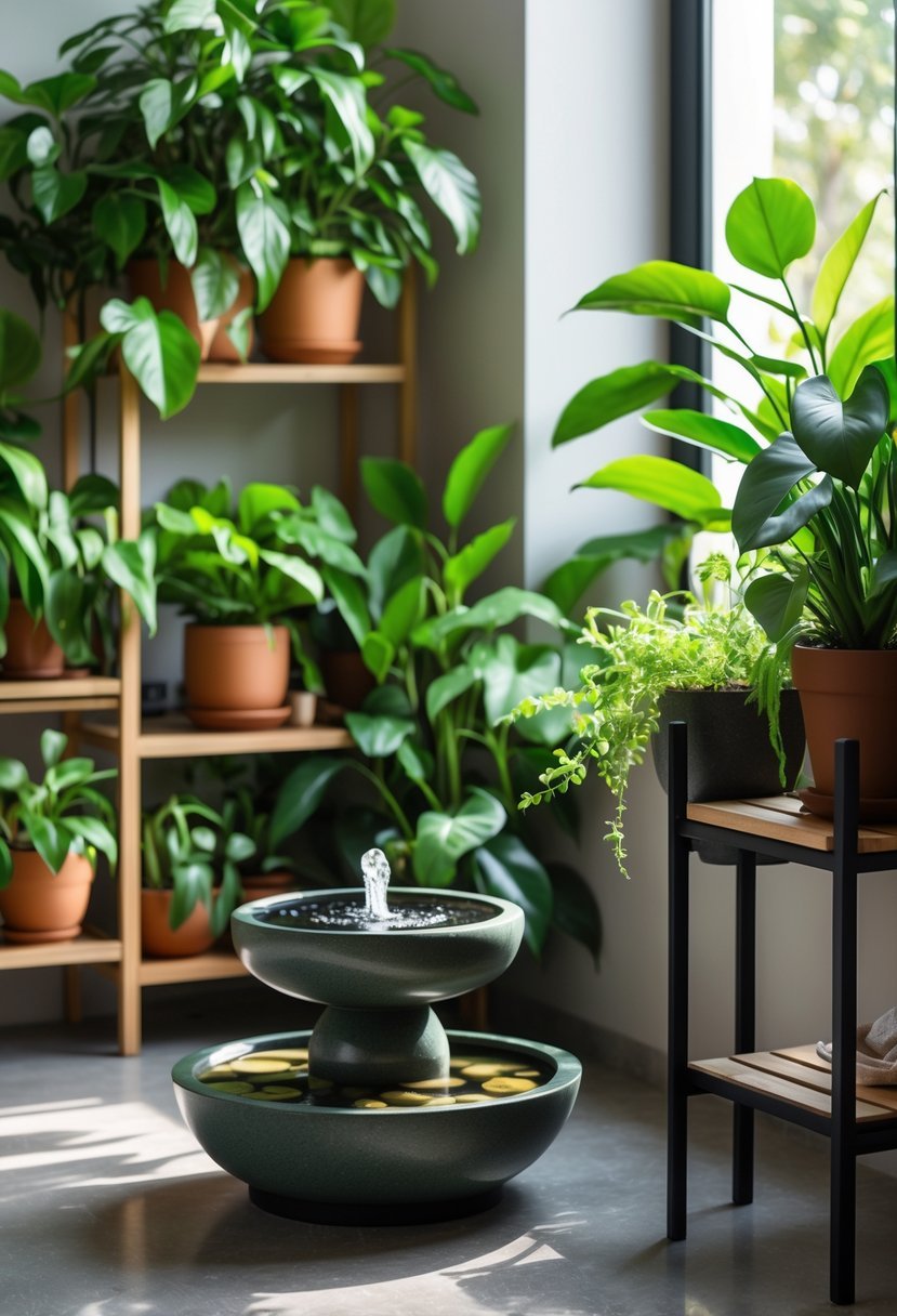 Indoor plant room with various green plants and a small tabletop water fountain creating a peaceful atmosphere.