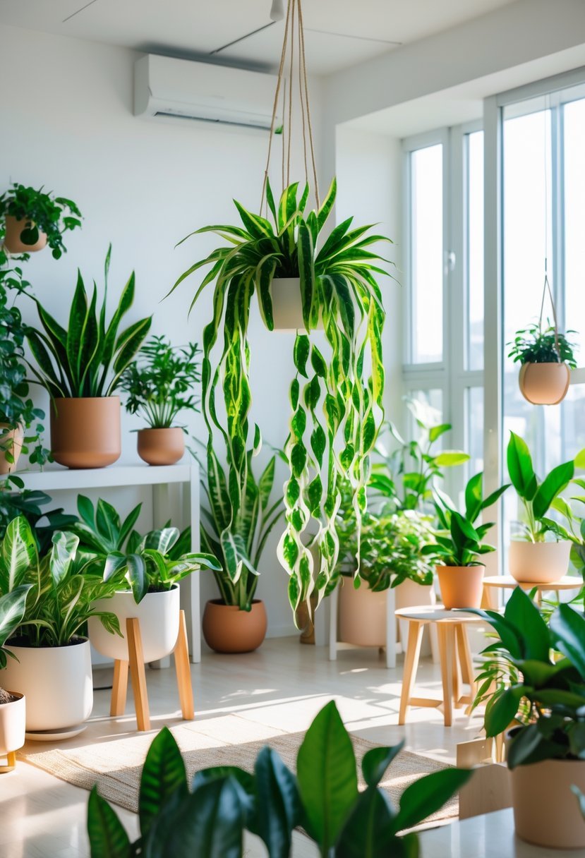 Indoor room with snake plants and pothos arranged on shelves and tables near large windows.