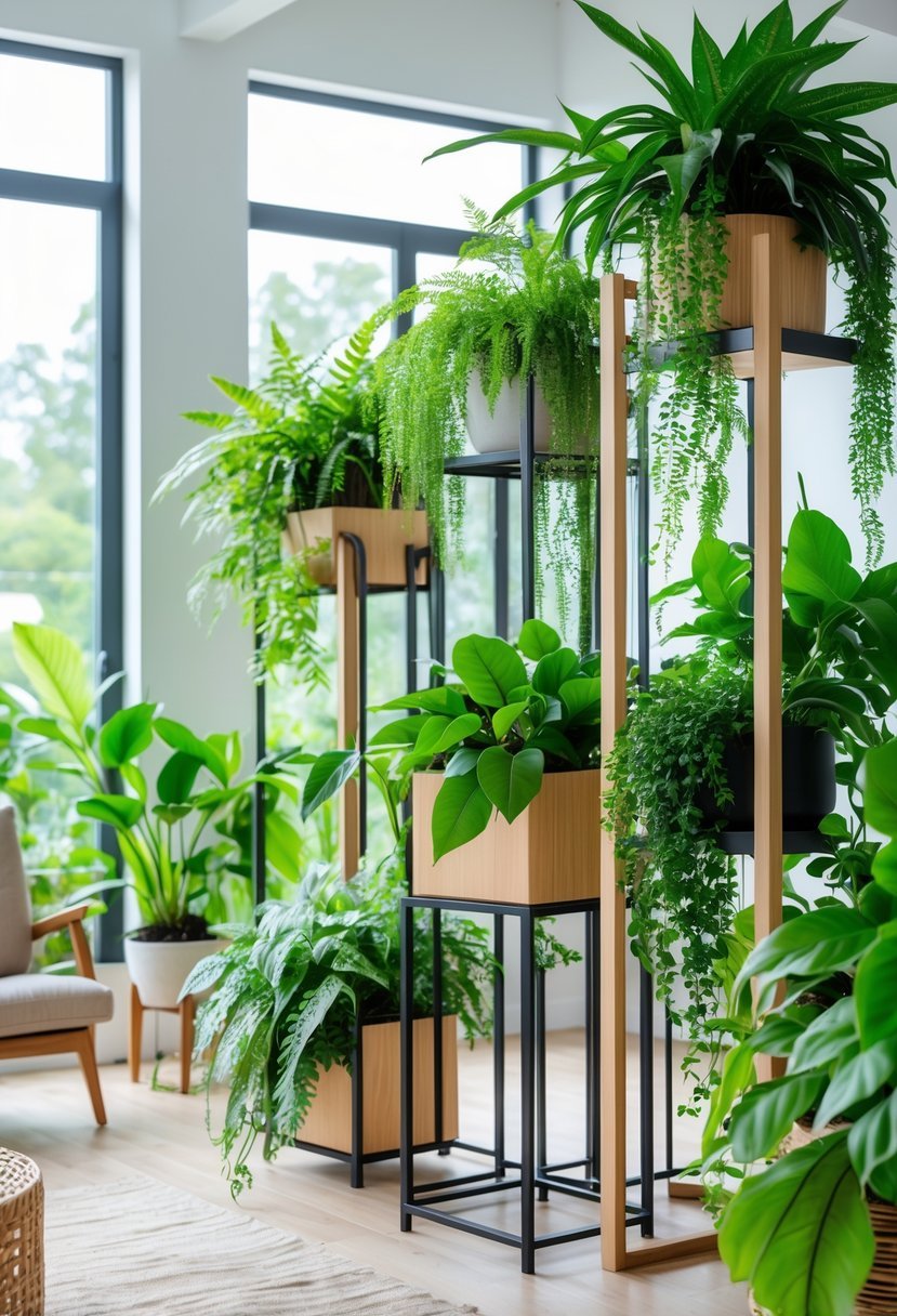 Indoor room with various green plants arranged on plant stands of different heights near large windows.