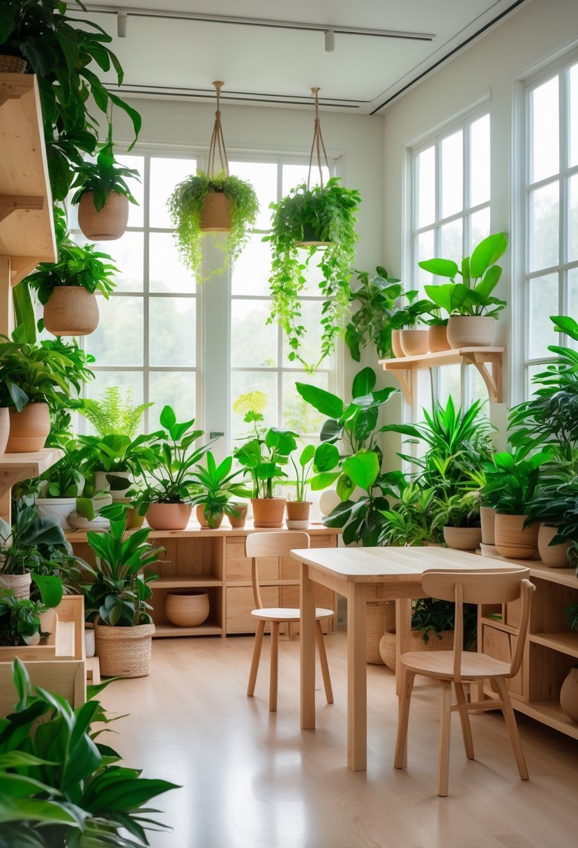 A bright plant room filled with green plants and natural wooden furniture including tables and shelves.