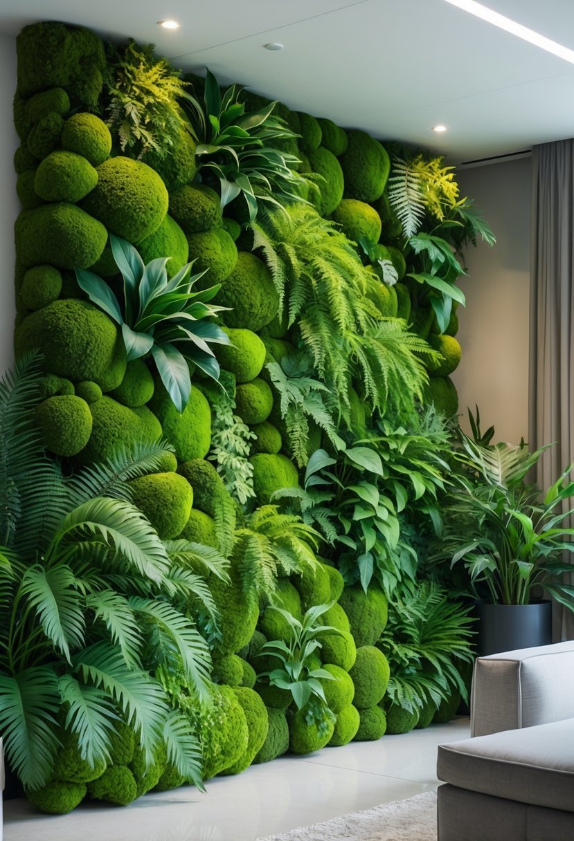 A room with a large plant wall covered in moss and ferns creating a green, natural backdrop.