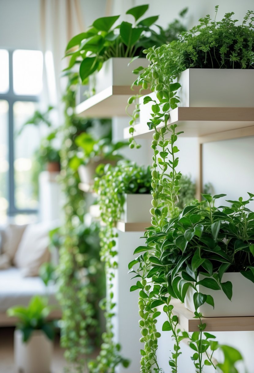 Indoor room with shelves filled with trailing string of pearls plants and other greenery.