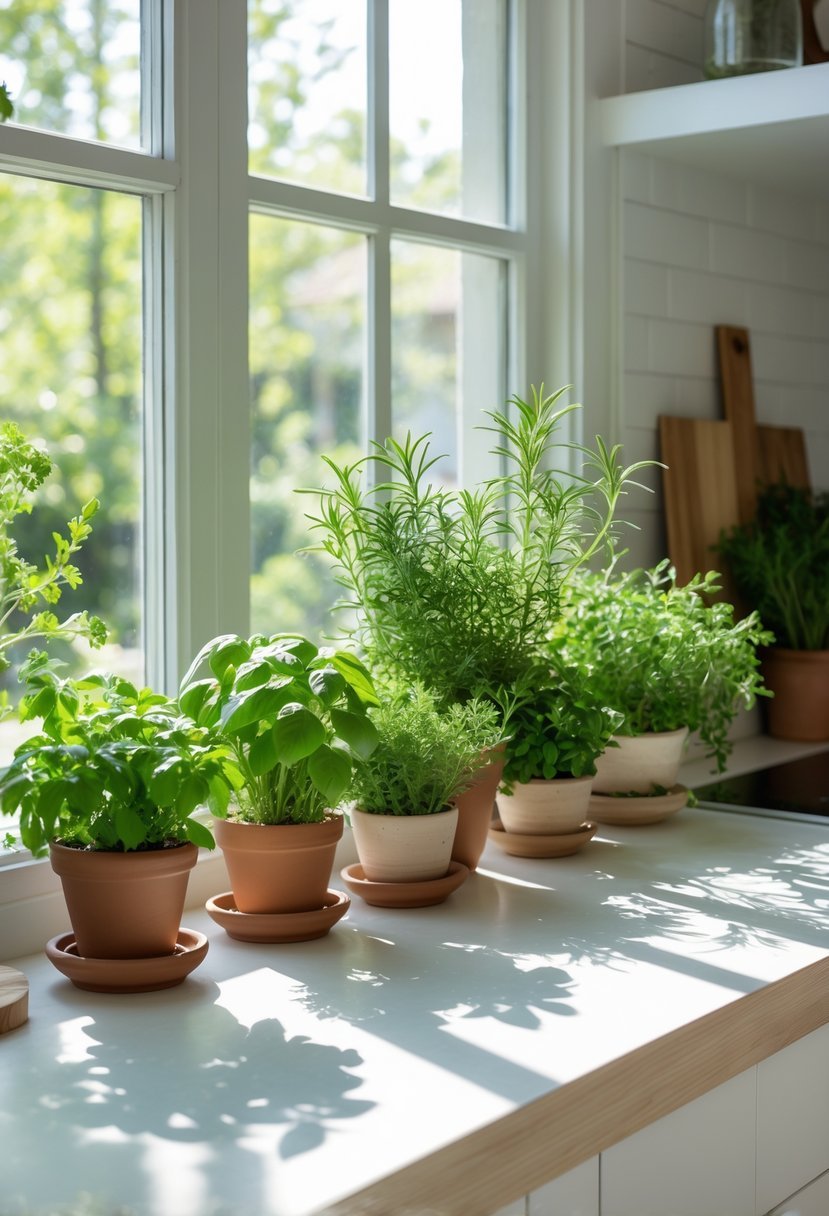 A sunny kitchen window with various potted herbs on the windowsill and a clean kitchen counter beneath.