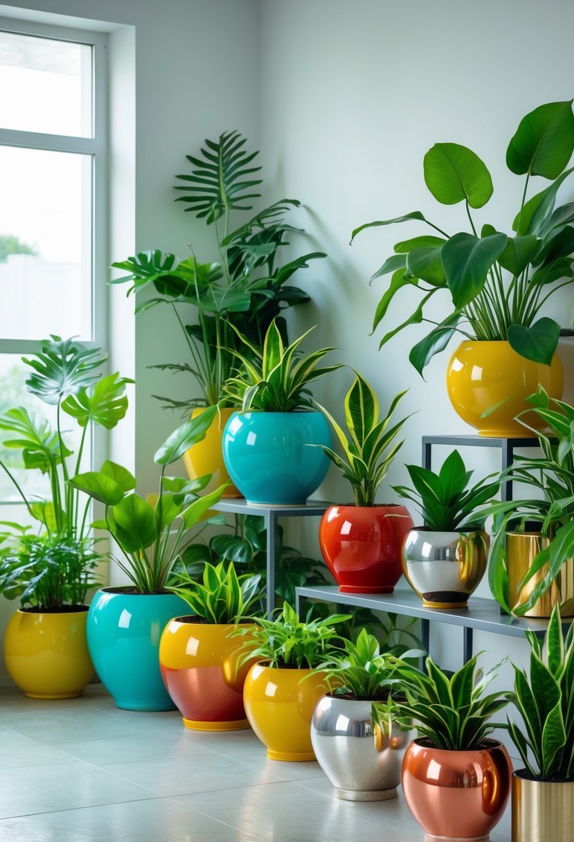 Indoor room filled with various green plants in colorful ceramic and metallic planters arranged on shelves and tables near a large window.