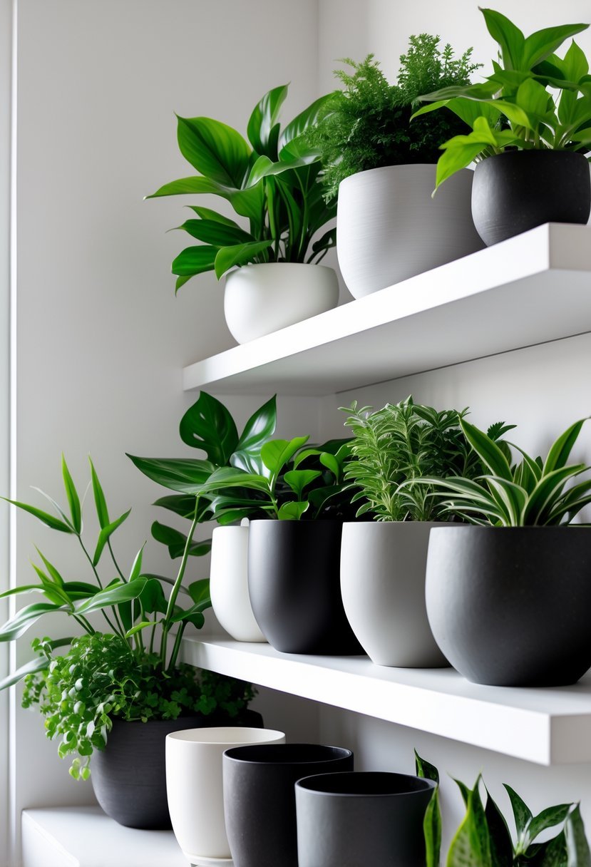A display of green plants in black, white, and gray pots arranged on shelves against a plain background.