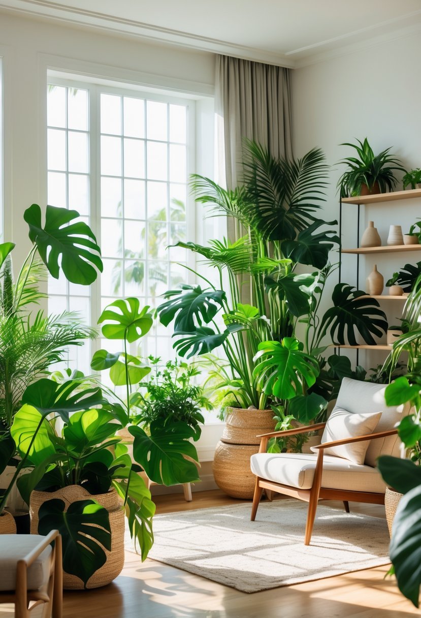 Indoor room filled with lush monstera and palm plants arranged around modern furniture with natural sunlight.