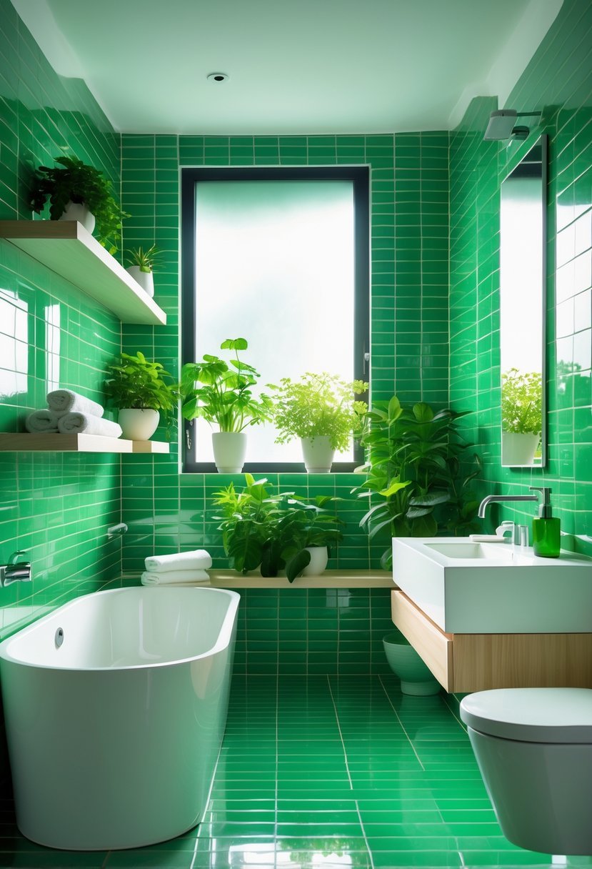 A modern bathroom with green tiled walls and floor, a white bathtub, a vanity with a mirror, and green plants on shelves.