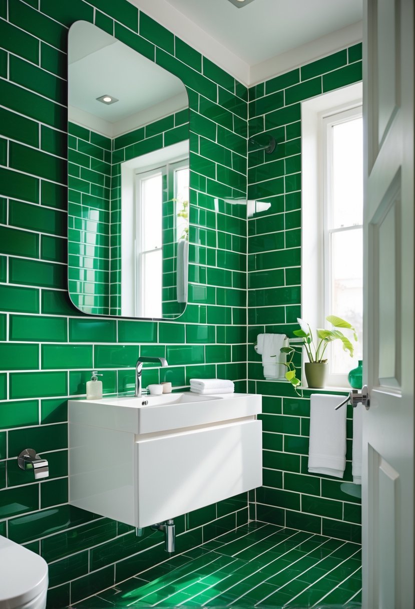 A bathroom with emerald green subway tiled walls, a white vanity with a sink, a large mirror, and natural light coming through a window.