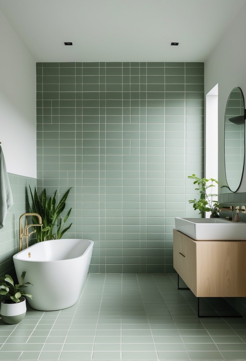 A bathroom with sage green ceramic tiles on the walls, a white bathtub, wooden vanity, and green plants.