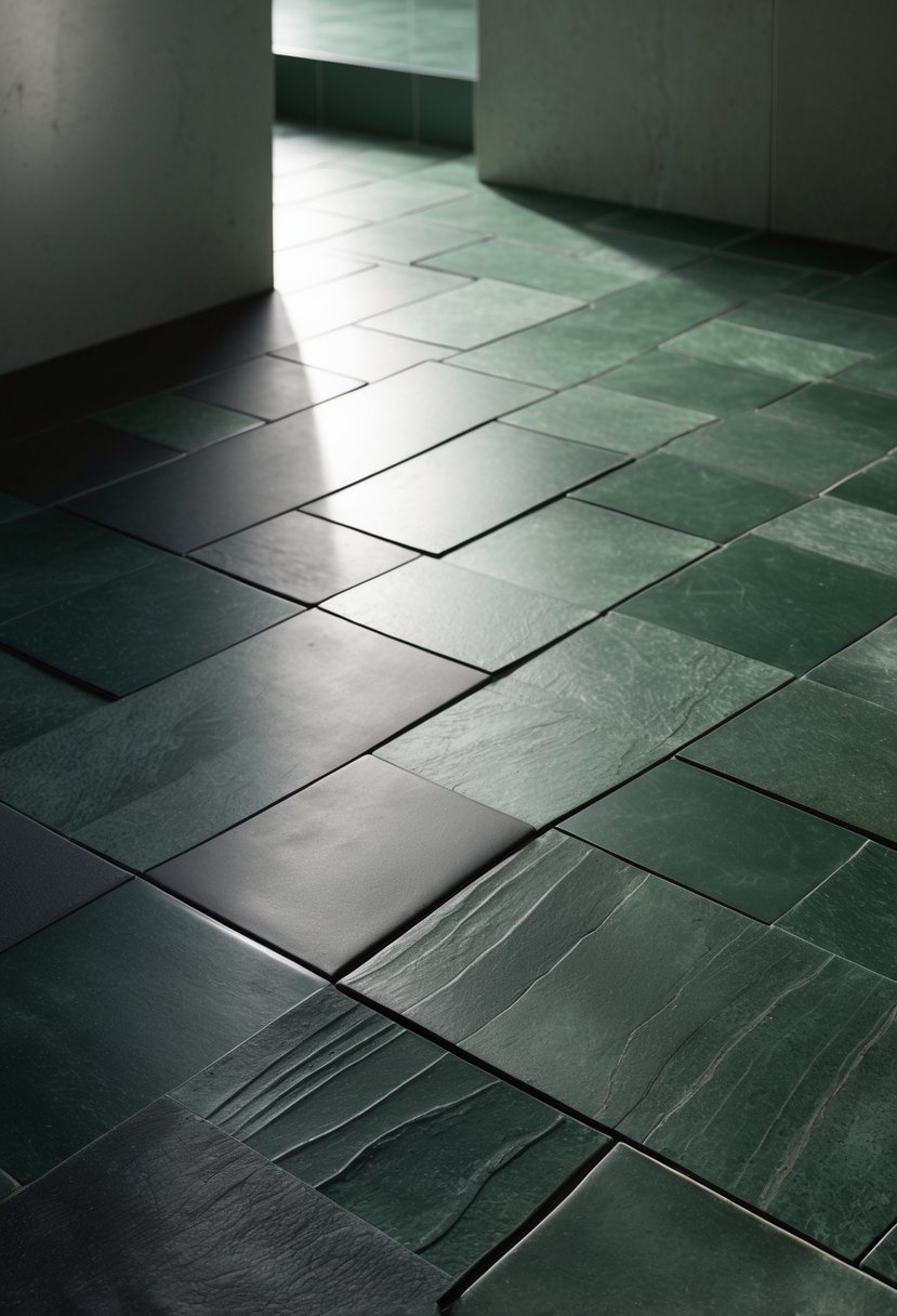Close-up view of a bathroom floor with dark green textured tiles arranged neatly.