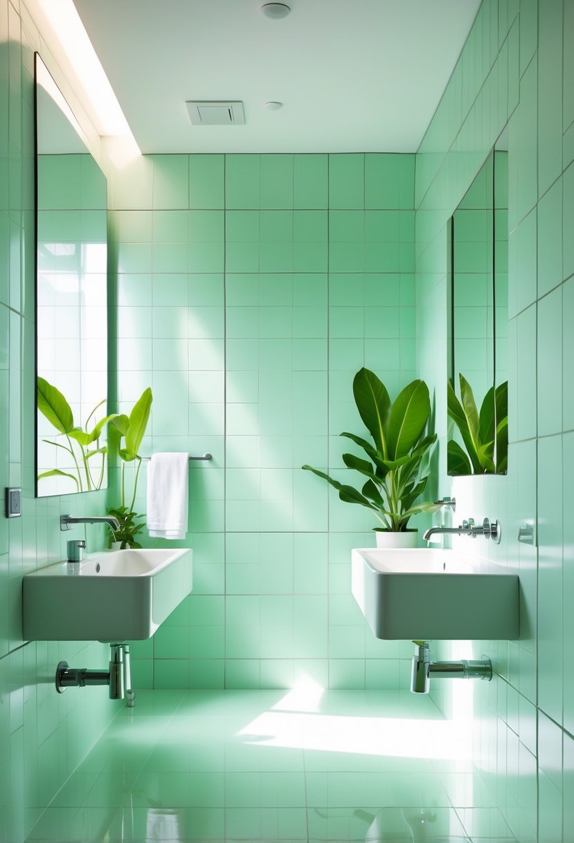 A bright bathroom with light mint green wall tiles, a white sink, a large mirror, and green plants.