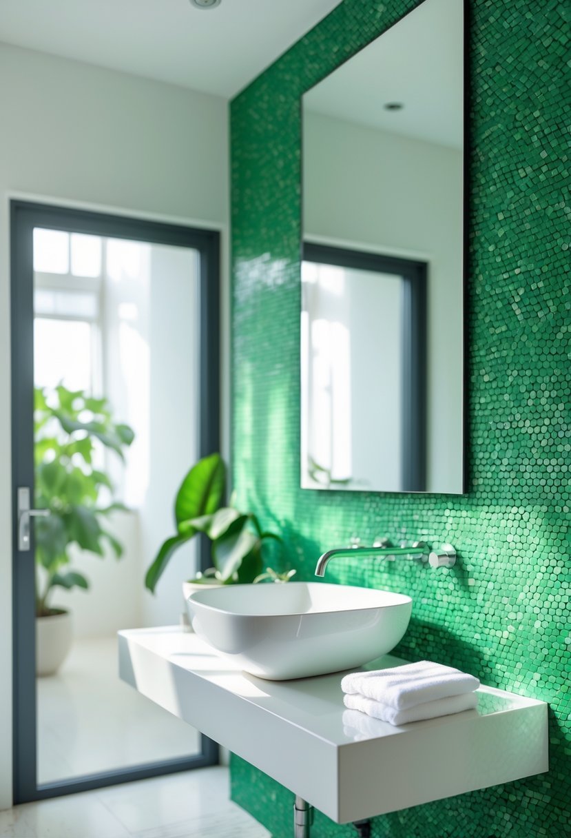 A bathroom with green hexagonal mosaic tiles on the wall behind a white sink and mirror.