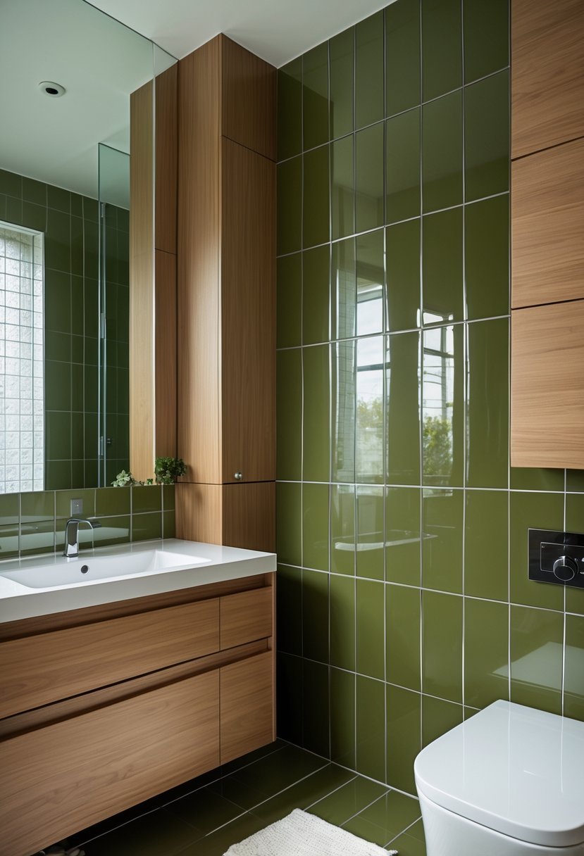 A bathroom interior with glossy olive green tiled walls and warm wood cabinetry.