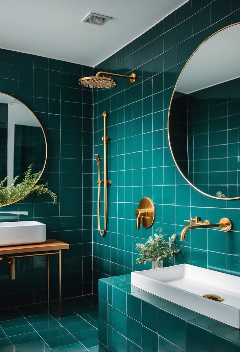 A bathroom with deep teal green tiled walls and gold fixtures including a faucet and showerhead.