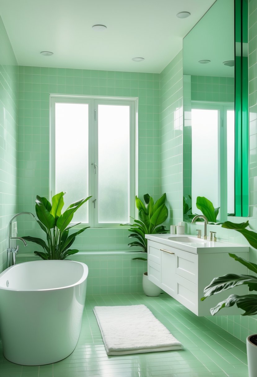 A bathroom with pale seafoam green tiles, a white freestanding bathtub, a vanity with a mirror, and green plants.