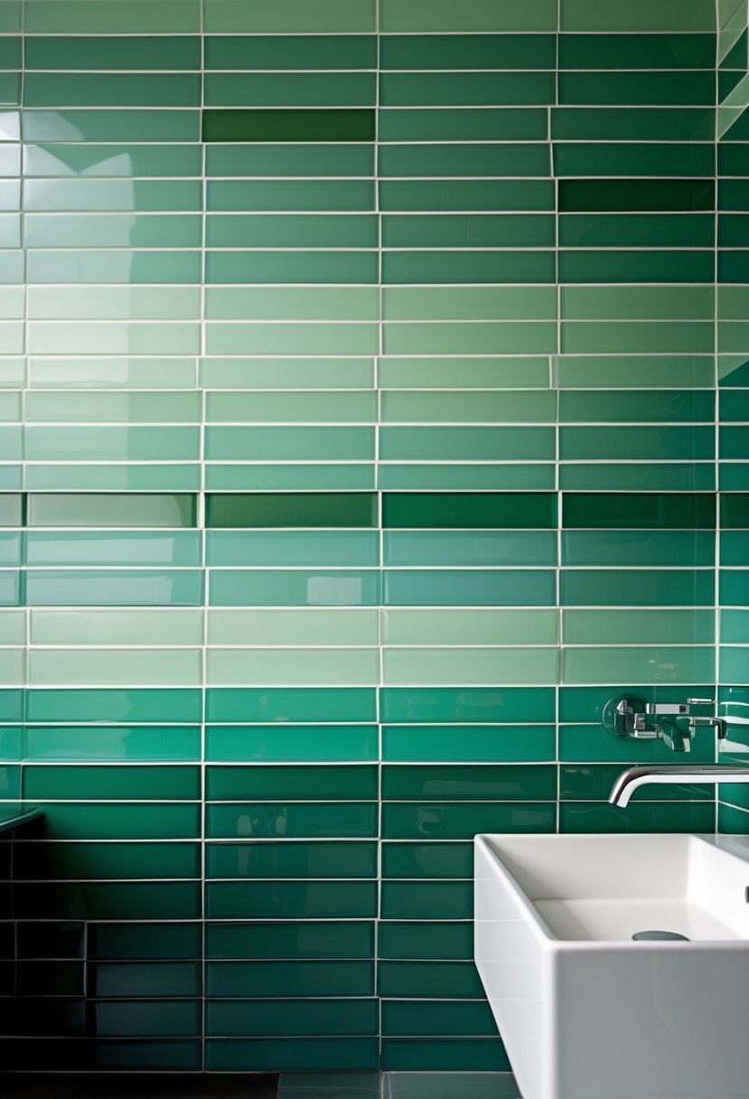 Bathroom wall with green tiles arranged in a gradient ombré pattern from dark to light green.