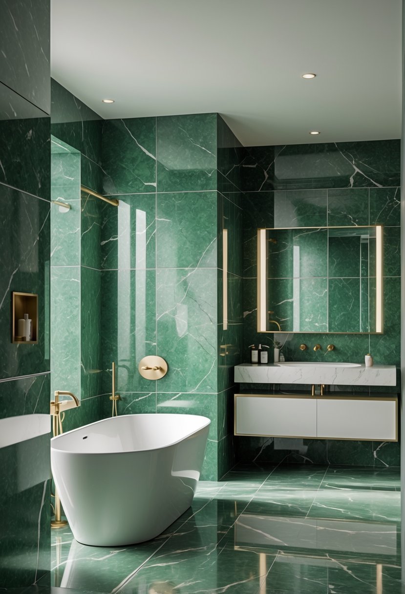A modern bathroom with green marble-effect tiled walls, a freestanding bathtub, and a vanity with a large mirror.