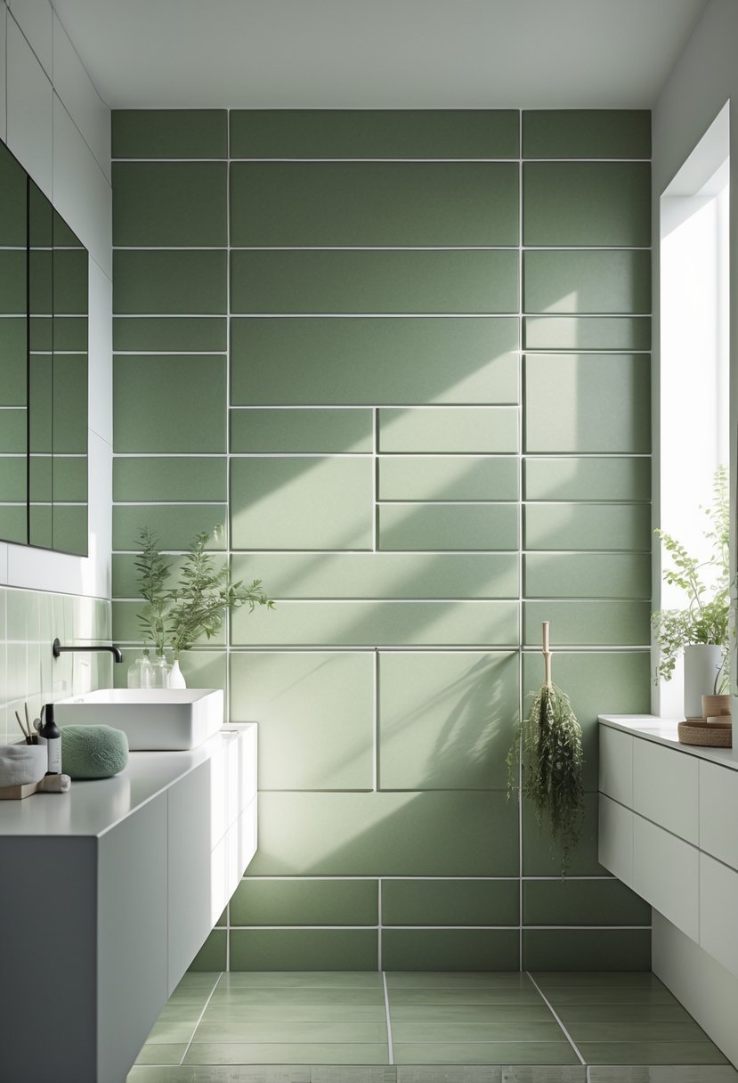 A bathroom wall covered in soft moss green tiles with white grout, featuring a white countertop and natural light.