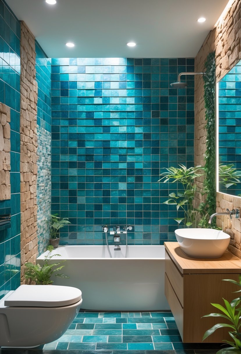 A bathroom with blue-green aqua tiles and natural stone on the walls, featuring a bathtub, sink, and plants.