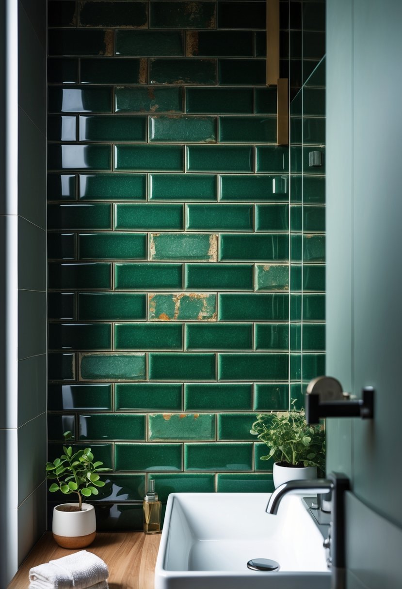 A bathroom wall covered with green subway tiles next to a white sink and wooden countertop with a small plant and towels.
